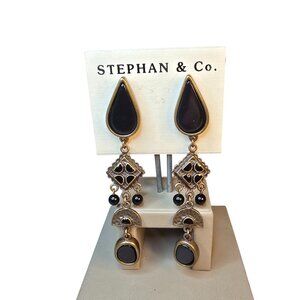 Stephan & Co Women's Bohemian Brass Plated Black Resin Long Clip Earrings NWT